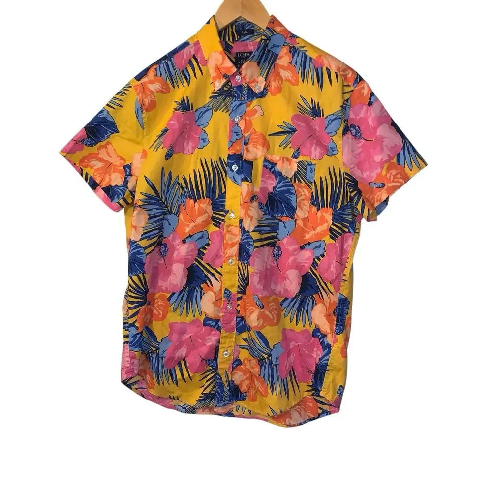 J Crew Slim Flex Washed short sleeve Hawaiian Floral button shirt Mens sz Large